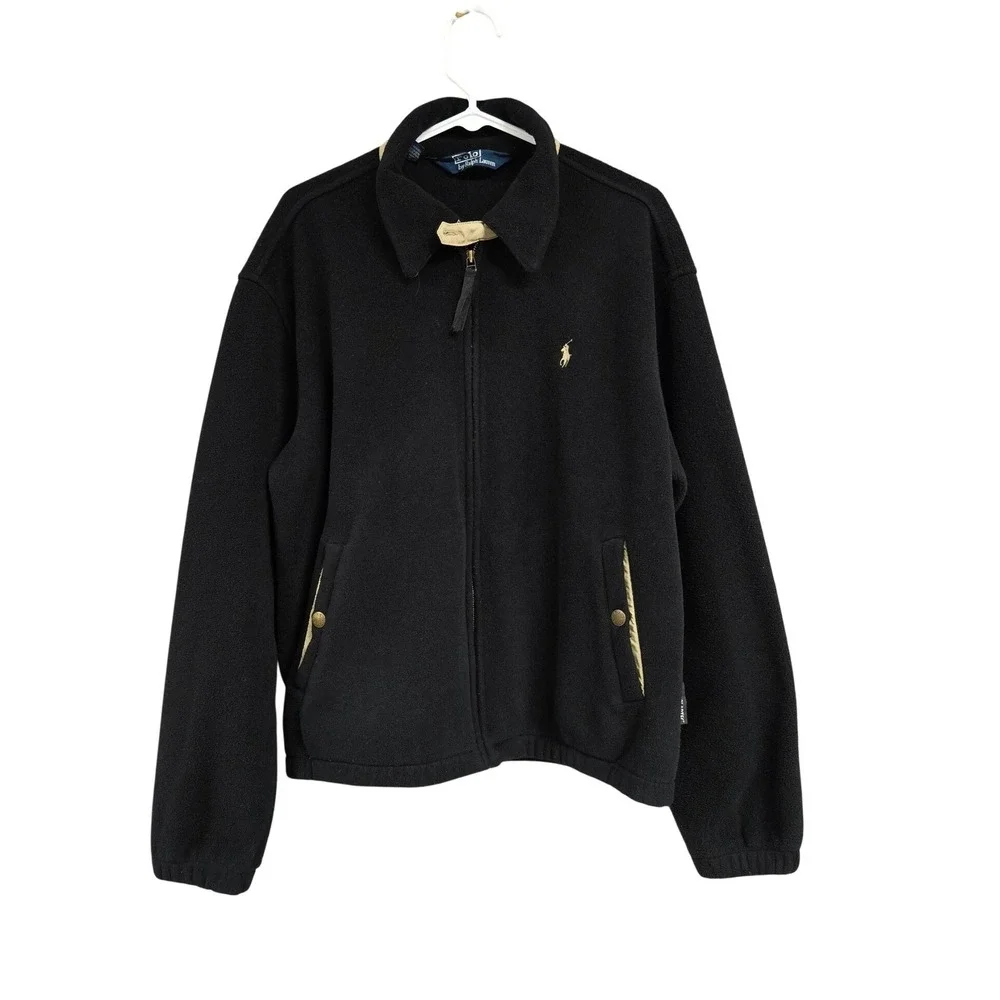 Polo Ralph Lauren Fleece Full Zip Bomber Jacket Tan Pony Logo Black Men's Sz L